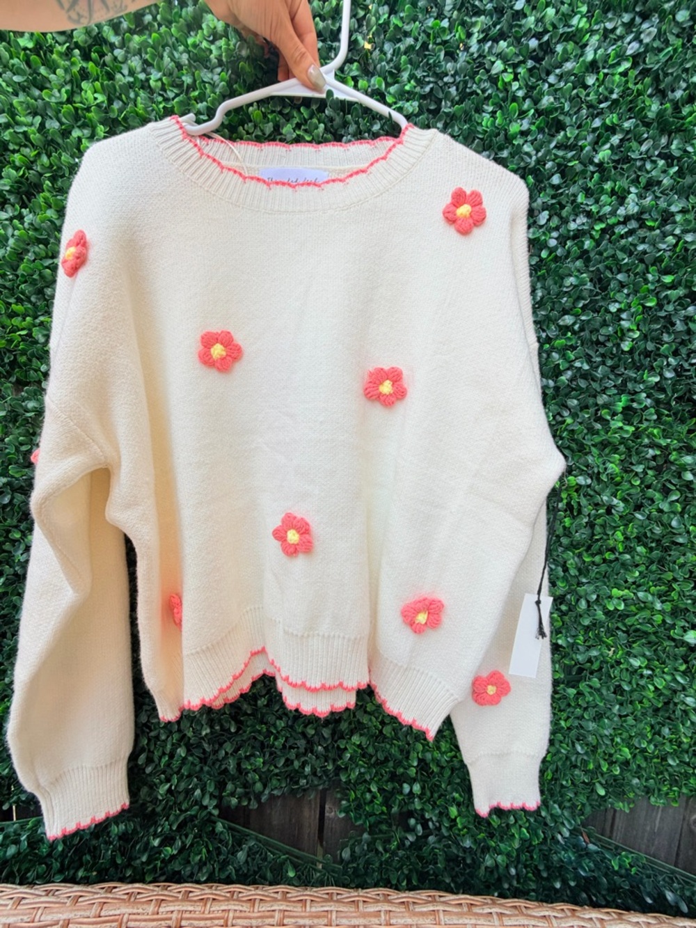 Cream Crewneck Sweater with Pink Floral Appliqués